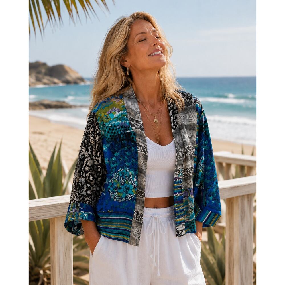 Chico’s Silk Patchwork Crop Kimono Cardigan Size 1 M Art To Wear Artsy Resort